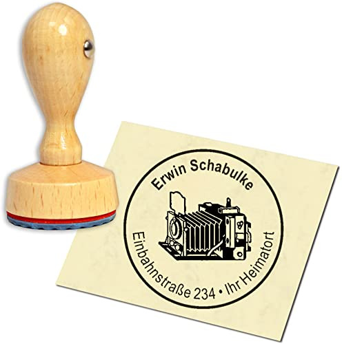 Stempel Adressstempel Holzstempel - alte Kamera - rund ∅ 40mm personalisiert als Firmenstempel Namensstempel Bürostempel