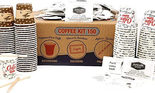 AURACAFFE' Bicchieri in Carta per Caffè 75 ml da 450 pezzi con 450 palettine e 450 bustine di zucchero (kit accessori)