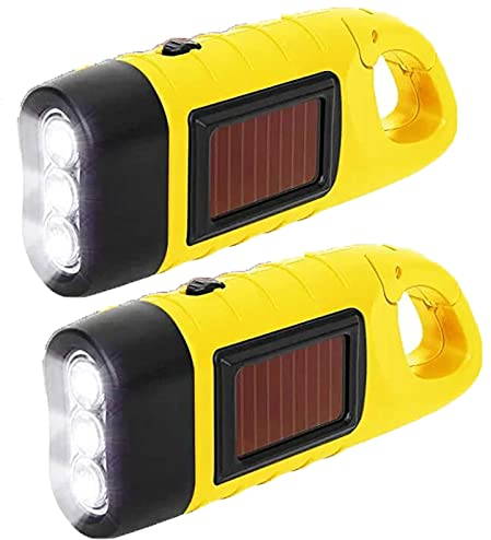 Linterna LED 2 unidades, Linterna LED Solar, linterna de manivela, LED, recargable, resistente al agua Torch Light con mosquetón para colgar al aire libre, senderismo, regalo, equipo de emergencia