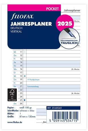 FILOFAX Kalendereinlage Pocket Jahresplaner vertikal (Deutsch)2025