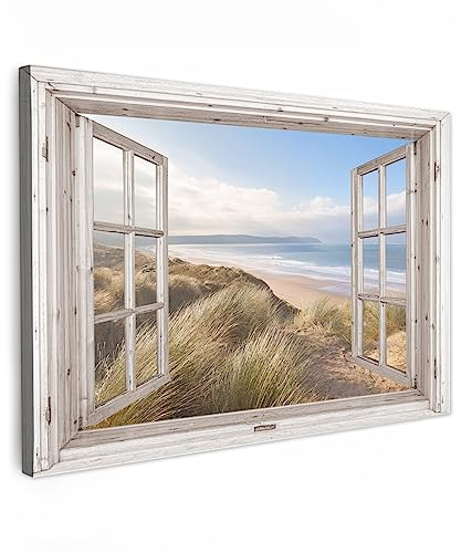 MuchoWow© Leinwand Bilder Groß 120x80 cm XXL Wanddeko Wohnzimmer Aesthetic Room Decor Deko Zimmer Wandbilder Modern Fensterblick - Meer - Strand - Dünen - Maritim