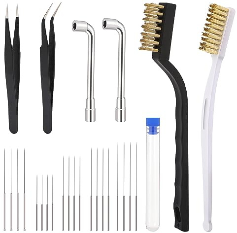 Lot de 26 buses de nettoyage pour imprimante 3D - Accessoires pour imprimante 3D - Aiguilles de nettoyage - Brosse métallique en laiton - Clé en forme de L avec pince à épiler
