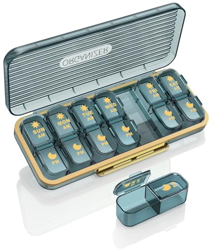 ROWNYEON Tablettenbox 7 Tage Morgens Mittags Abends,Tragbare Pillendose 7 Tage Medikamentenbox 7 Tage 2 fächer große Pillenbox für Medikamente, Vitamine, Fischöl, Nahrungsergänzungsmittel (Blau)