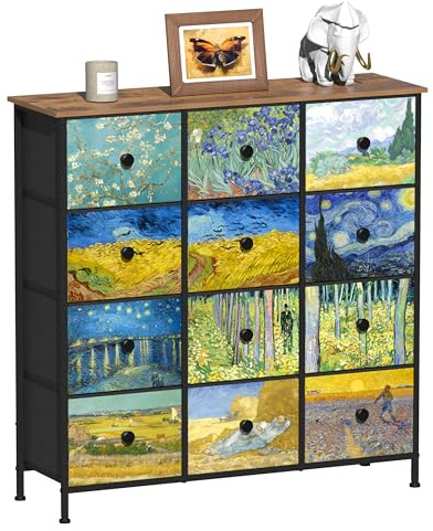 VEDECASA Cómoda para dormitorio – Armario con 12 cajones de tela, diseño Van Gogh, torre de almacenamiento para armario, para salón, habitación infantil, pasillo, oficina, marco de metal, parte