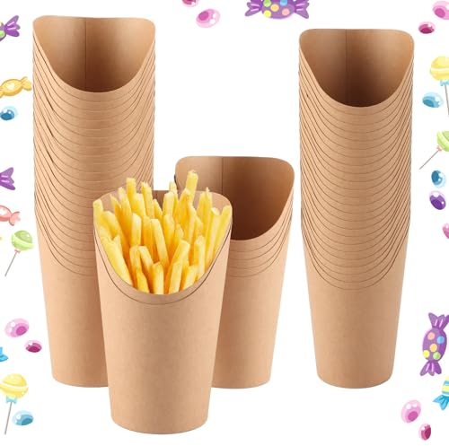 YAYODS 100 Piezas Tazas para Papas Fritas, de patatas fritas con boca inclinada,Vasitos para Aperitivos de Cartón Recipiente Palomitas de Carton Soporte para Vasos de Papel Kraft vasos de papel