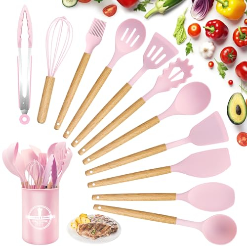 Utensili da cucina in silicone 22 pezzi, set di utensili da cucina per pentole antiaderenti, al calore e antiaderenti con manico in legno per utensili senza BPA