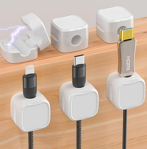 Organizador cables magnetico blanco. Sujeta cables adhesive. Ordena cables escritorio, Mesitas de noche (CMWhite-6Pcs)