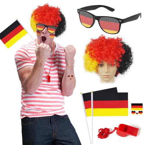 YADODO Deutschland Fanartikel Em 2024 Fanartikel mit 2 Stück Deutschland Flagge Klein 1Stück Perücke Brille Sportpfeifen Sticker Deutschland Fußball Fussball EM 2024 Fan für EM Deko 2024