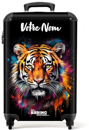 NoBoringSuitcases© Handgepäck Koffer, Koffer Personalisiert, Reisekoffer, | 55x40x20 cm - Reisetasche mit Rollen, Handgepäckkoffer, TSA Schloss, Trolley Handgepäck, Trolley (Tiger - Orange)