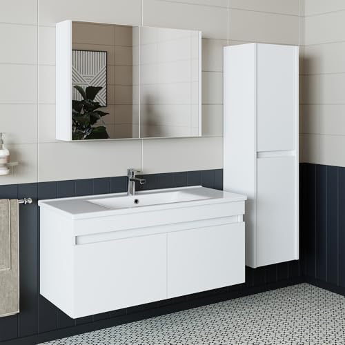 ROOMART • Set di mobili da bagno • Atria • 65 cm, 85 cm, 100 cm • Bianco • Lavabo con base • Armadio a specchio • Mobile alto (set completo, 100 cm)