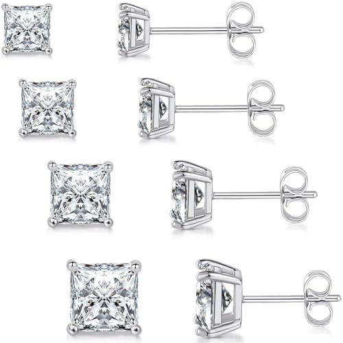 BLPRKOT 4 pares de Pendientes de Tuerca de Circón Pendientes de Tuerca Hipoalergénicos Cuadrados de Acero Inoxidable de Pendientes de Cartílago con Parte Posterior Plana para Hombres y Mujeres (4-7 mm