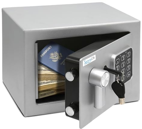 SereneLife Cassaforte, Cassaforte Piccola 23 x 17 cm con Combinazione Digitale, 2 Chiavi, Cassetta di Sicurezza per Casa, Ufficio, Montaggio a Muro o Pavimento