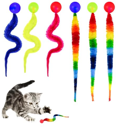 CMANLNYK 6Pcs Interactive Colorful Worm Cats Toys - Wiggly Cat Balls Toy, Cat Toys for Indoor Cats Adult, Interactive Cat Toy, Furry Tail Kitten Toys for Indoor Cats, Fun Exercise & Bonding Tool