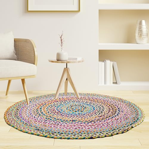 Craft Trade Vistoso Lavable Bohemia Redondo Chindi Yute Alfombra Reversible Tejido a Mano Alfombra de Trapo para Cocina Sala de Estar y Dormitorio - 120 cm