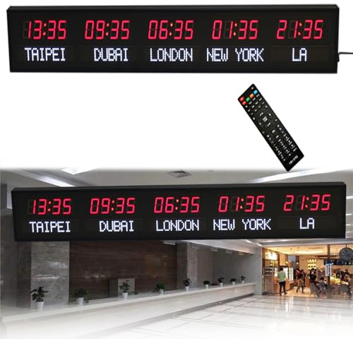 MREGLHUI 5 Fusi Orari della Città, Orologio Mondiale Digitale A LED, Città Modificabile, Display di Grandi Dimensioni, con Telecomando, Regolazione della Luminosità A 3 velocità,1pcs,45.8in