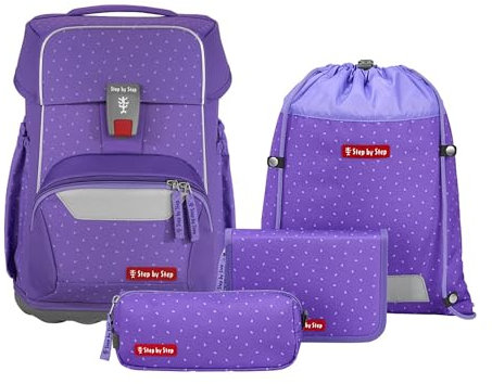 Step by Step Basis Schulranzen-Set „Purple Konfetti“, 4-teilig, lila, ergonomischer Tornister mit Reflektoren, Hüft- und Brustgurt, für Kinder ab der 1. Klasse, 20 Liter