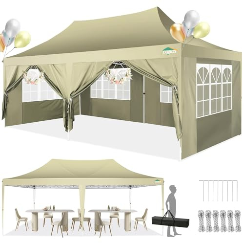 COBIZI Paviljong 3 x 6 hopfällbar paviljong vattentät stabil med 6 sidodelar konformat festtält 3 höj- och sänkbar UV-skydd bärväska, tälttering, rep för trädgård, bröllop, marknad, utomhusevenemang
