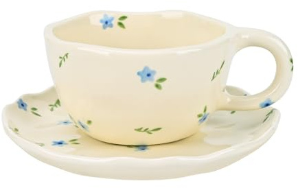 Koythin Ceramic Coffee Mug with Saucers, Handmade Flowers Mugs, Cute Cup for Girl Women, Aesthetic Tea Milk Cup with Handle, 8.5 oz/250 ml for Latte, Cocoa, Office, Home (Blue Flowers) | 250ml Blue Floral Handmade Mug, Microwave & Dishwasher Safe; Floral Aesthetic Table Cup