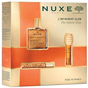 Nuxe The Infinite Glow Christmas Gift Set – Huile Prodigieuse Or Dry Oil 50ml, Roll-On 8ml & Rêve de Miel Honey Lip Care 10ml – Radiant Skincare Trio for Face & Body, Ideal for Birthdays or Travel