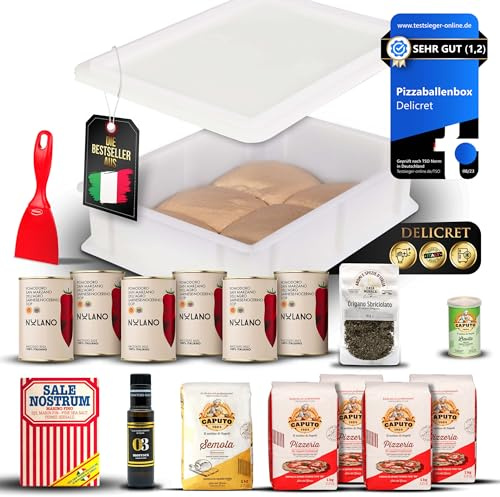 DELICRET Pizza Culinari Premium Set mit Pizzaballenbox & Caputo Zutaten | Mit Caputo Pizzeria, Semola, San Marzano DOP, Olivenöl, Meersalz, Oregano, Hefe, Pizzaballenbox, Pizza-Guide & Videokurs.
