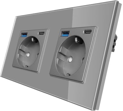 CNBINGO Schuko Steckdose Unterputz mit Typ-C & USB-A, 2-Fach Grau Glas | Doppelsteckdose mit USB-A/C Ports (Max.2,1 A), Wandsteckdose mit Kindersicherung, Horizontal oder Vertikal, Glasrahmen