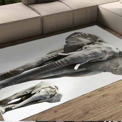 BYLEEHOMED Schwarz-Weißer Teppich mit Elefant Cub Tropical Jungle Animals Soft Rug 140x200cm Rutschfester rustikaler Teppich für Wohnzimmerdekoration