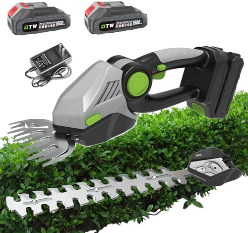 Cortasetos eléctrico 2 en 1, Cortasetos inalámbrico y cizalla de césped con batería de 1500 mAh y 2 Cuchillas, Cortasetos pequeño de Mano, Ligero, Ajustable a 60°, para poda de arbustos y césped