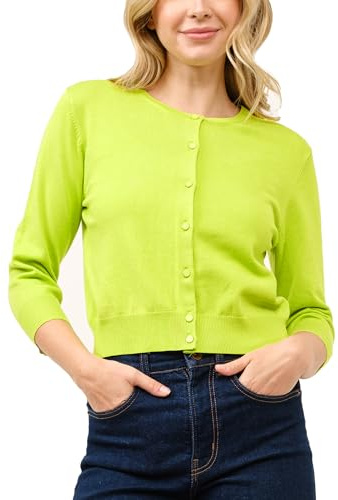 JSCEND Dam beskuren cardigan 3/4 ärm rund hals knapp upp tröja stickad topp (S~XL), Jcd006_lime, S