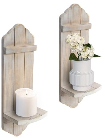 Wall Candle Sconces Set of Two, Rustic Wood Wall Candle Holder Decor, Farmhouse Wooden Candle Holder Wall Decorations for Fireplace, Hallway, Living Room, Bedroom,Washed Brown