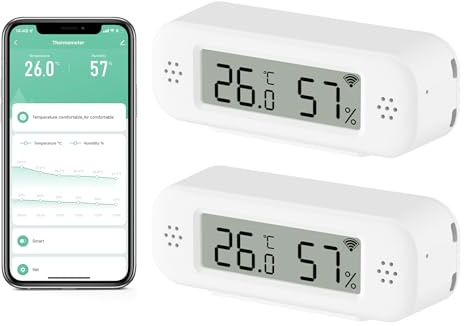 Chatthen Wlan Thermometer Hygrometer Innen, Luftfeuchtigkeitsmesser mit Intelligentem Alarm, Datenspeicherung, Arbeit mit Smart Life/Tuya Smart/Alexa, Ausgestattet mit einem Bildschirm, 2 Pack