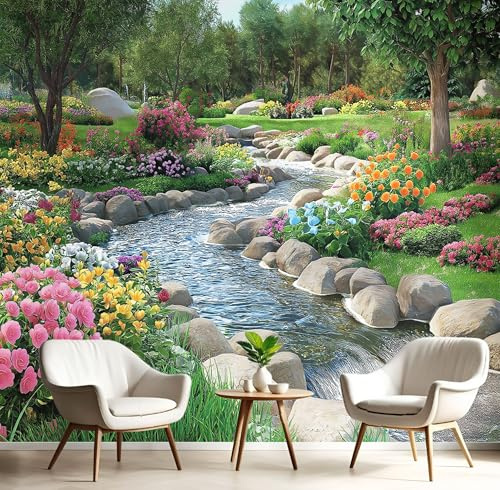 JEDTAKCT Papier Peint Panoramique Rivière Forestière Vert Foncé 3D Mural Design, Tapisserie Photo Géante Pour Salon Décoration Murale Xxl Soie, Mural Fresque Paysage De Jardin 400X280Cm