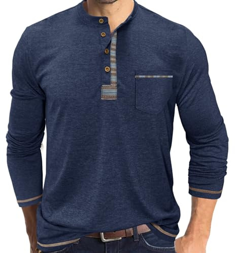 YawYews långärmad tröja för män, långärmad Henley-skjorta, långärmad t-shirt, långärmad skjorta med knappslå M-3XL, Mörkblå, M