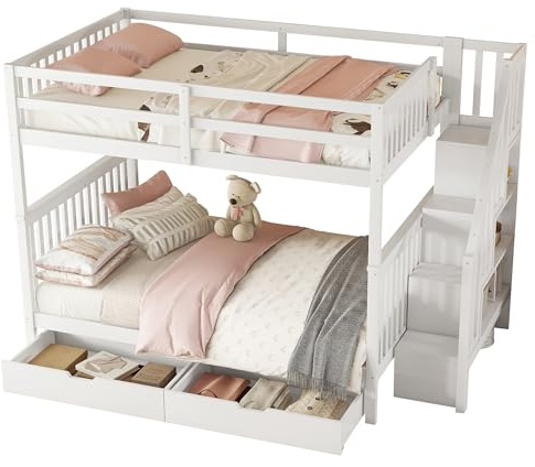 WEALTHOUSE Etagenbett mit Treppe und integriertem Treppenregal, Zwei Schubladen und hohem Geländer, stabile Konstruktion aus Kiefernholz und MDF,platzsparendes Funktionsbett (Weiß,140x200cm)