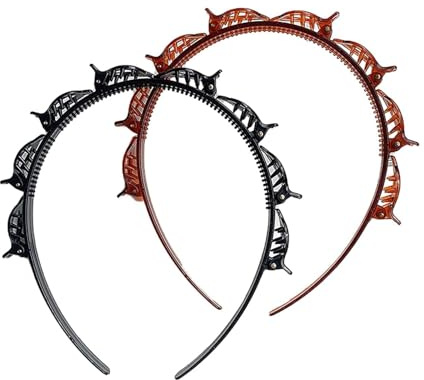 2 Stück schwarze und braune Doppel-Pony-Frisur-Haarnadel-Haarreif mit 8 kleinen Clips – Damen-Doppellagen-Twist-Zopf-Haar-Werkzeuge, Twist-Clip-Haarreif mit gezahnten Haarbändern, Zopf-Werkzeug