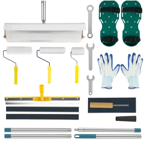 Kit D'outils de Ciment Autonivelant, Kit outils ragréage avec Rouleau Debulleur Ragreage, Rouleau Peinture, Truelle, Perche Telescopique, Autonivelant Grattoirs, Chaussures à pointes et Gants