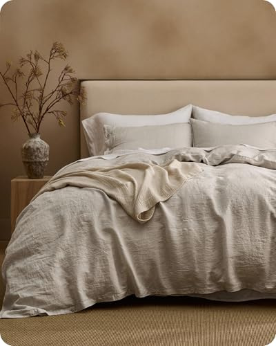 Bedsure 100% Linen Duvet Cover King Size, Washed 170 GMS European Flax-Linen, Soft 3pcs Bedding Set with Button Closure for Farmhouse, PureWoven Texture & Breathable for Hot Sleeper, Linen, Queen
