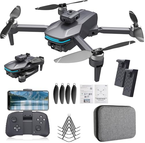 Faltbare 4K Drohne für Anfänger mit Dual einstellbaren Kameras, bürstenlosen Motoren, Hinderniserkennung, Höhenhaltefunktion, Headless Mode, One-Key Start, 2 Akkus & Tragetasche