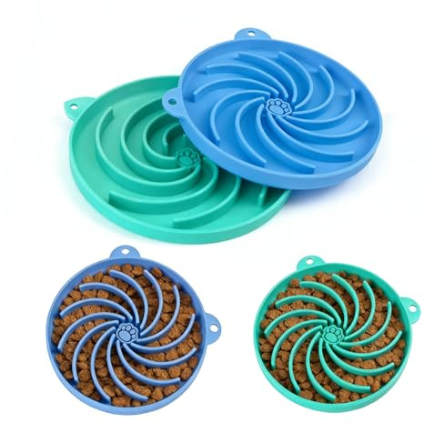 Slow Feeder Dog Bowl Set, Silicone Pet Slow Feeding Bowls for Dogs & Cats, Non-Slip Anti-Spill Cat Food Bowl for Dry & Wet Food, 2 Pack (Green & Blue)