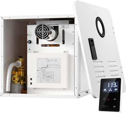 65,000 BTU RV Tankless Water Heater, Propane RV Hot Water Heater with Front Water Outlet, 15x15in White Door and Remote, High Altitude Available, DC 12V