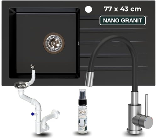 SINK QUALITY Küchenspüle schwarz mit Armatur - Spülbecken 77x43 cm - inkl. Siphon und Imprägniermittel - Einbauspüle für 45er Unterschrank - Granitspüle mit Abtropffläche