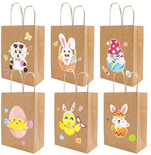 6 Stück DIY Ostertüten zum Befüllen, Geschenktüten Ostern mit Aufkleber, Papiertüten Ostern für Kinder und Erwachsene Party