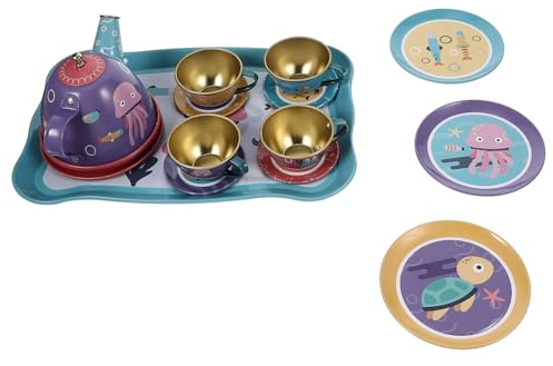WEKAMOS Juego de Té para Niñas de 4 a 8 Años Set de 14 Piezas de Hojalata Diseño de Mundo Submarino Juego de Té Infantil Seguro y Ligero de Simulación Obsequio Educativo