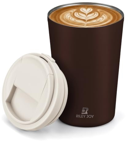 13oz Insulated Travel Coffee Mug, Hot & Iced Coffee Cups with Lids, Brown | Leak Proof Stainless Steel Vacuum Insulated Cupholder Friendly BPA-Free One-Touch Open Reusable Portable Coffee Tumbler