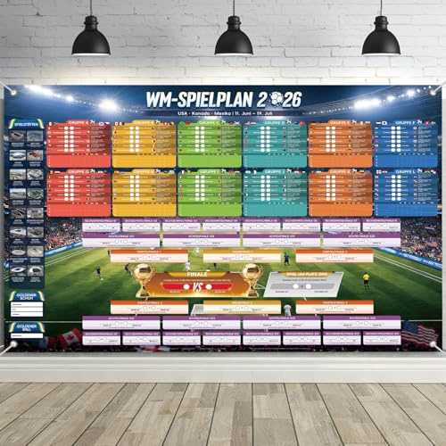 AhfuLife Groß WM Fußball Spielplan 2026 Poster Stoff 180 x 110cm für Fussballfans, WM Planer Enthält 48 Mannschaften Gruppen Knockout und Finale alle Ergebnisse der Spiele Vollversion (Deutsch, CEST)
