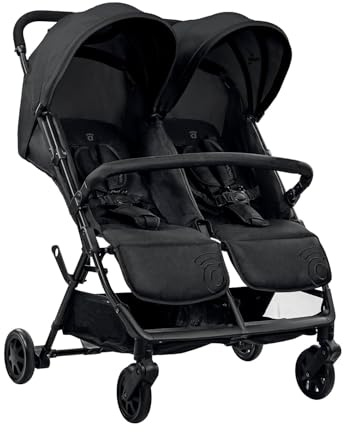 Silla de Paseo Doble para Gemelos o Hermanos, Ligera, Reclinable y Plegable con Capotas y Freno Trasero – Asalvo DOUBLE HENRY Negro