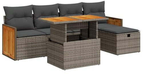 Foknhdi 6-TLG. Garten-Sofagarnitur aus grauem Poly-Rattan mit höhenverstellbarem Akazienholztisch 100 x 55 cm, Ecksofa & Hocker, wetterfestes Lounge-Set für Balkon Terrasse Garten