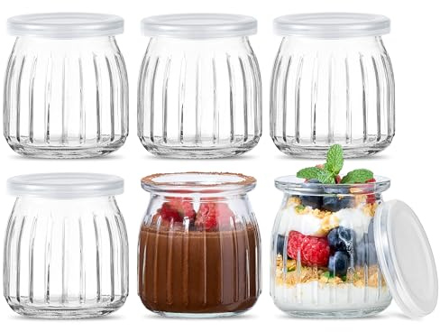 Danmu Art 6 Pcs Yogurt Pudding Glass Storage Jars with Plastic Lids Vertical Pattern Glass Bottles (200ml)