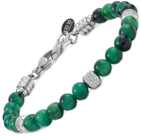 10:10 Bracciale uomo donna pietre Occhio di Tigre Verde naturale finitura lucida diametro 6 mm e perle diamantate in acciaio inox 6 mm, braccialetto verde misura regolabile, prodotto in Italia.
