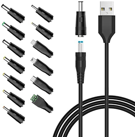Powseed 5V Universal DC Power Cable, USB to DC Charging Cord with 13pcs Adapter Plugs for Webcam Router, Recorder, Bluetooth Speaker, Scanner, DVR, Hard Disk Box, USB-HUB etc.