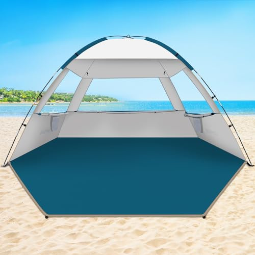COMMOUDS Strandtält för 4-5 Personer, UPF 50+ Solskydd, Bärbart Solskyddstak, Lätt Och Enkelt Att Sätta Upp, Eventskydd för Camping, Fiske, Utomhus